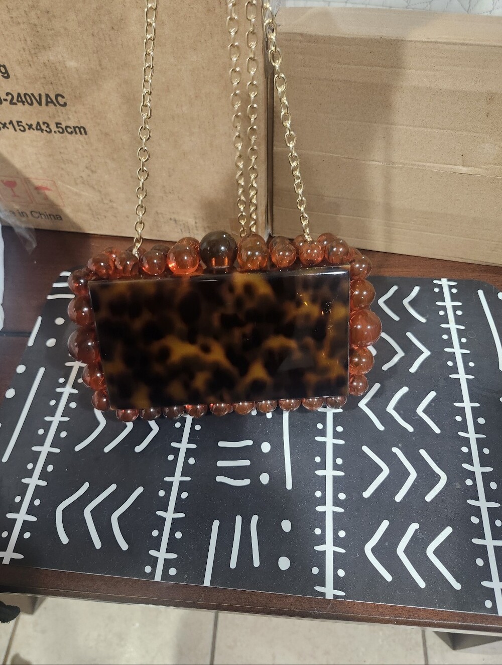 Tortoiseshell Acrylic Box Clutch Bag with Amber Bead Trim With Detachable Chain
